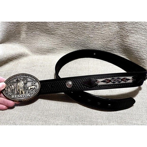Hesston Other - 1982 Hesston Rodeo Buckle 36–38 Basketweave Blk Leather Floral Conchas Southwest